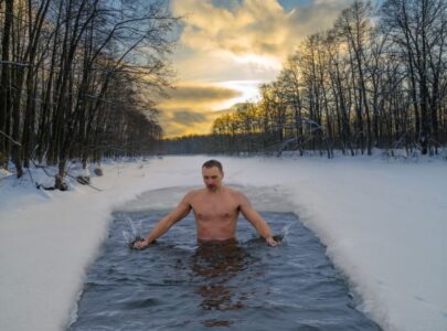 Winter swimming in cold water.